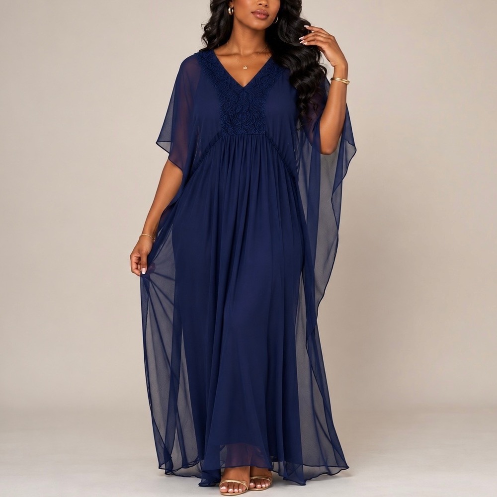 Sundance Silk Navy Blue Lace V-Neck Kaftan Maxi Dress S Sheer Butterfly Sleeve